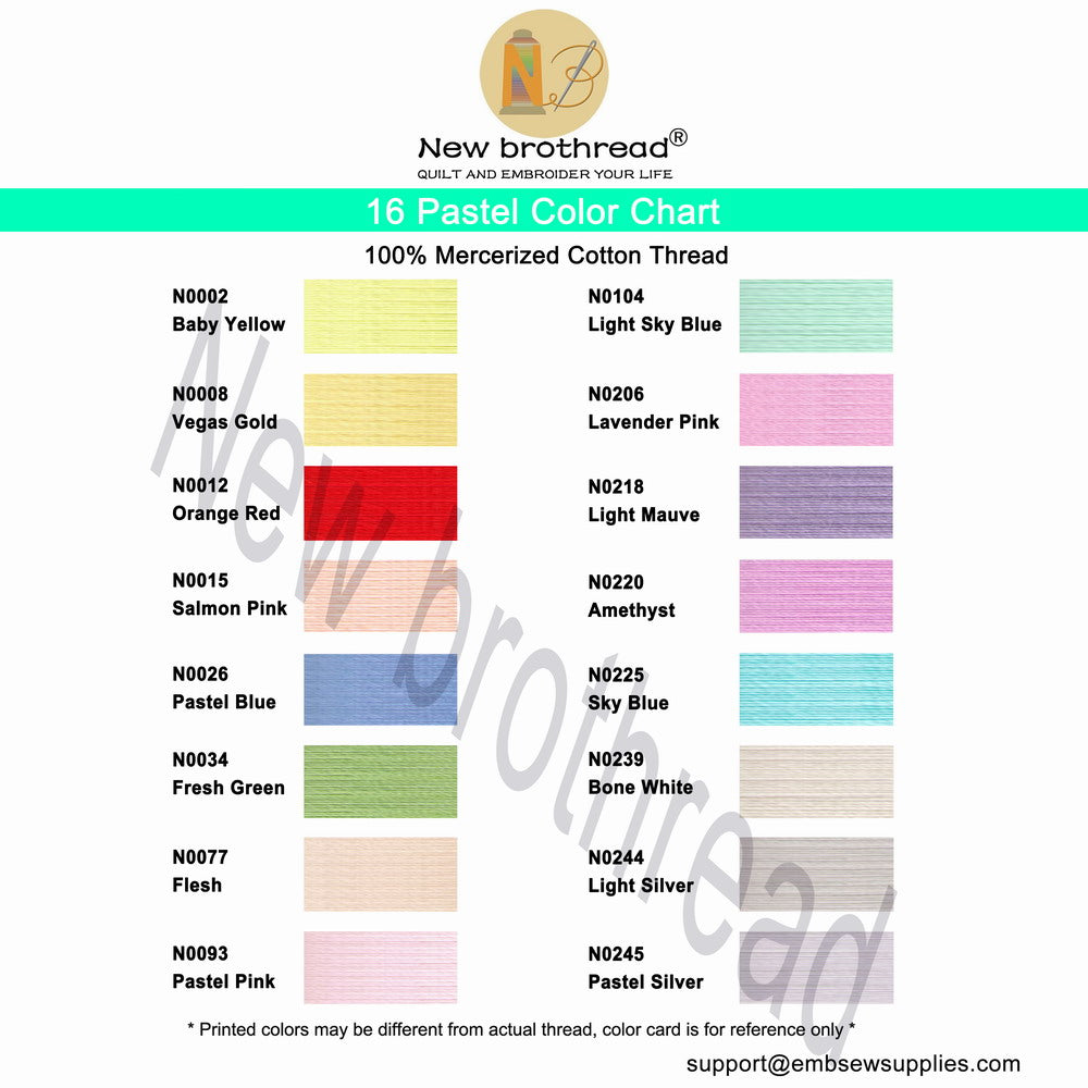 New brothread 16 Pastel Colors Multi-Purpose 100% Mercerized Cotton Th